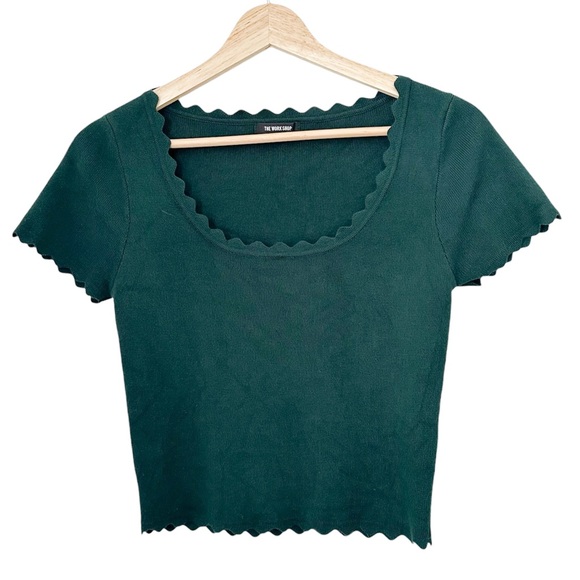 The Workshop Forest Green Scalloped Edge Cropped Sweater Shirt Top — Size L - Picture 2 of 7
